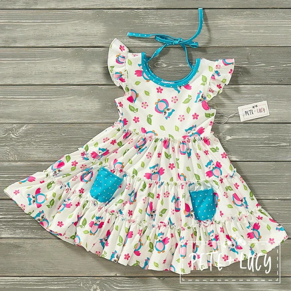 PETE + LUCY Happy Owl Ruffle Dress with Pockets 2T NEW